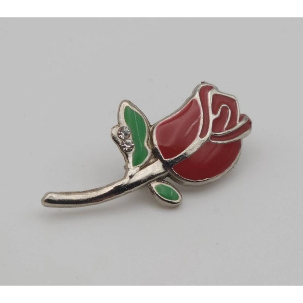 Vintage Enamel Red Rose Brooch Pin Rhinestone Accents Silver Tone Floral Jewelry